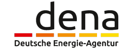 Logo der Deutschen Energie-Agentur (dena) mit schwarzem Hintergrund, weißen, roten, orangefarbenen und gelben Linien und Text.