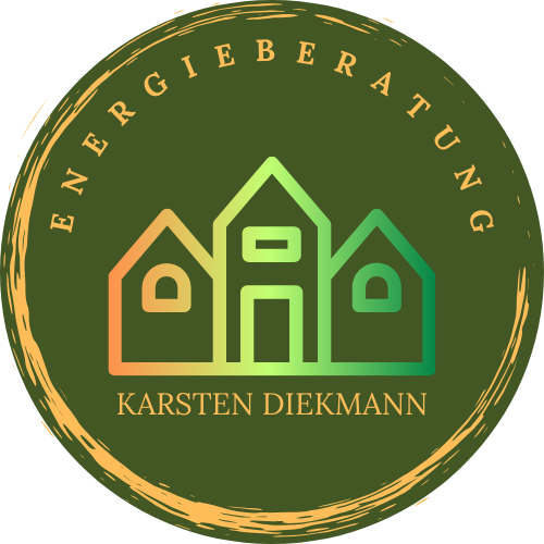 Ein grünes Logo mit einem stilisierten Haus, umgeben von einem goldenen Rahmen. Der Text lautet 'Energiebewertung' und 'Karsten Diekmann'.