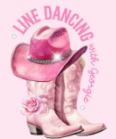 Pink cowboy boot with a small pink cowboy hat on top, positioned on a pink rose, with the words 'Love Dancing' and 'with Courage' around it in pink. A pink guitar string runs diagonally across.