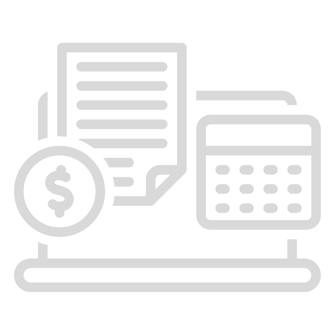Outline icon of financial documents, coin with dollar sign, and calculator.