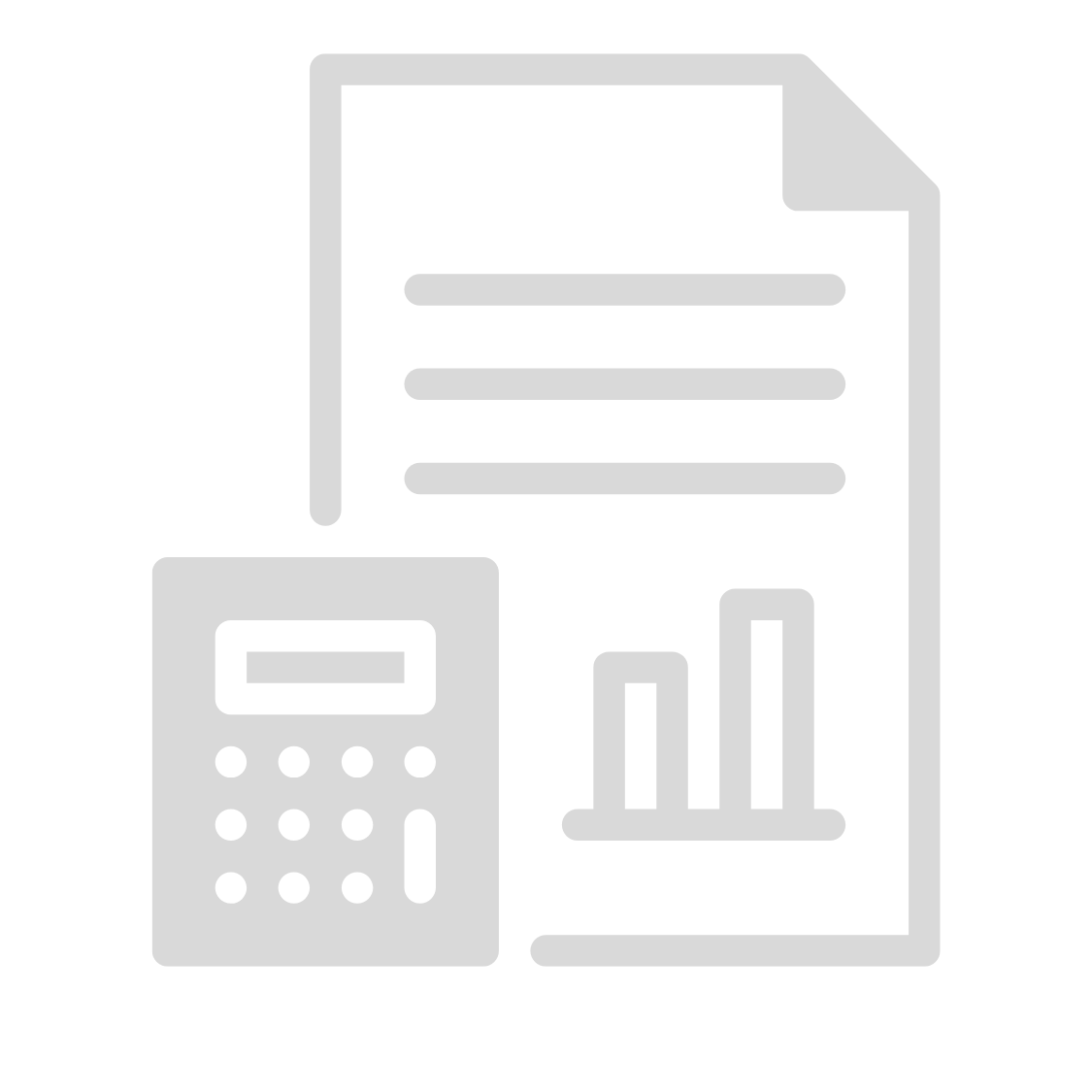 Outline of a financial report with a calculator and a bar chart.