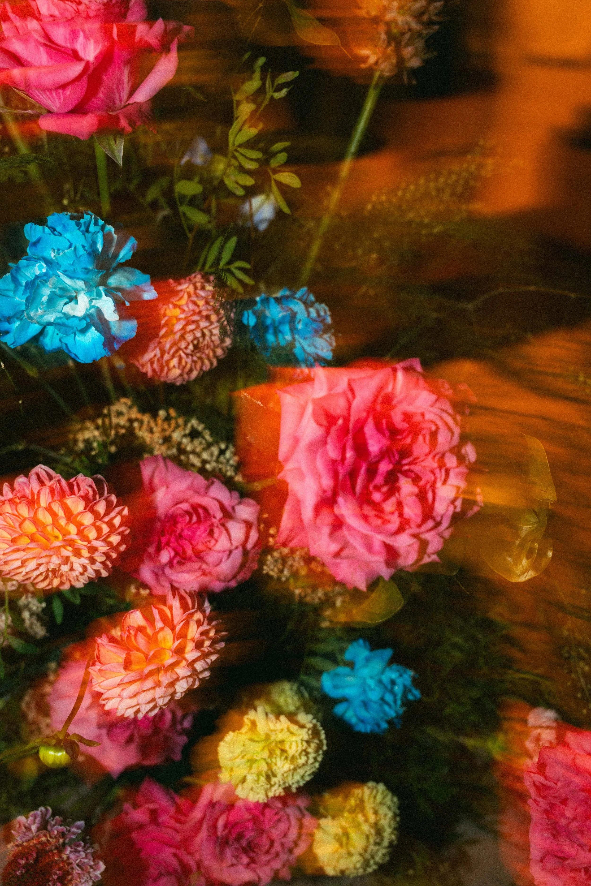 Fiori colorati di varie specie e colori, con sfumature di rosa, blu, giallo, e arancione, disposti in modo artistico.