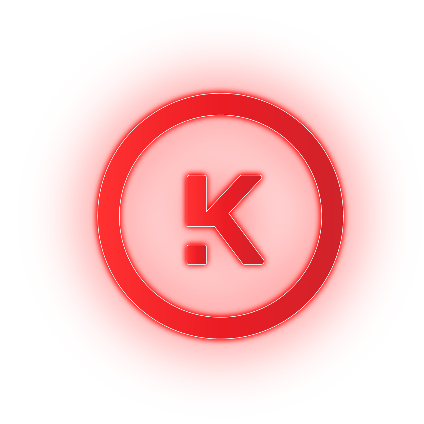 Close-up of a red button with a white outline of a circle and the letter K in the center.