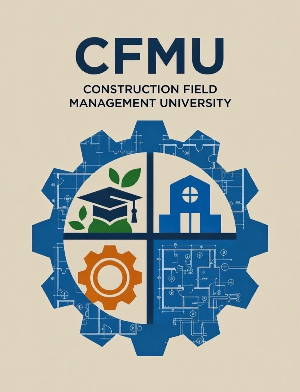 Cover of a brochure for Construction Field Management University, with a gear symbol containing icons of a plant with a graduation cap, a school building, and a gear, against a background of technical blueprints.