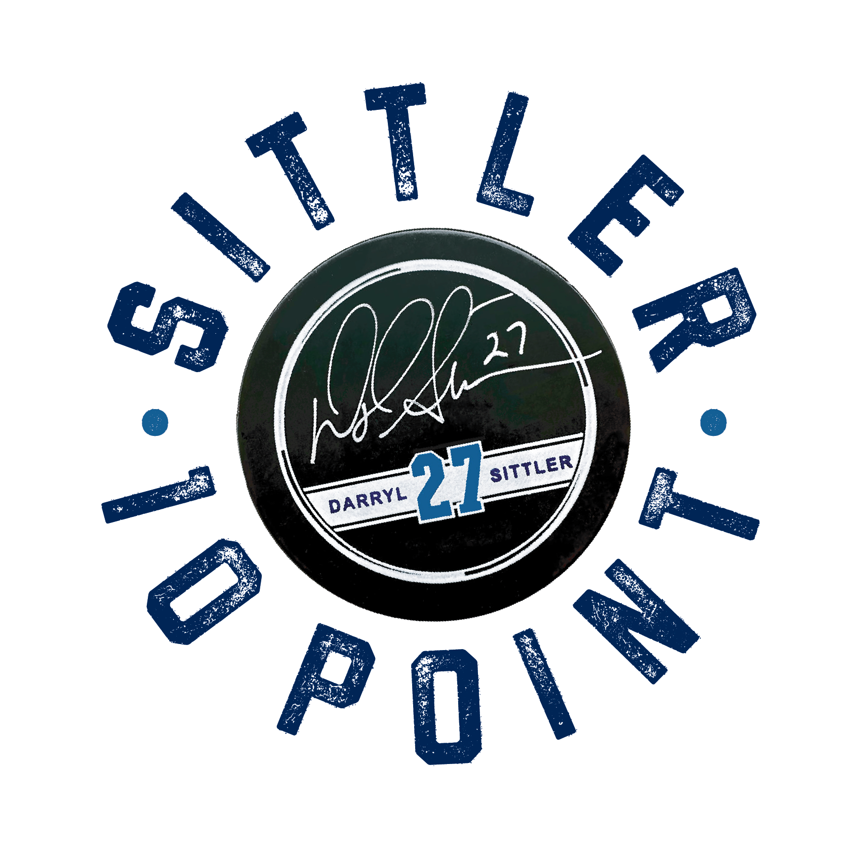 10 Point Larger Darryl Sittler Logo. A hockey puck with an autograph, the number 27, and the name Darryl Sittler, surrounded by the text 'Sittler Polein' in blue, distressed letters.