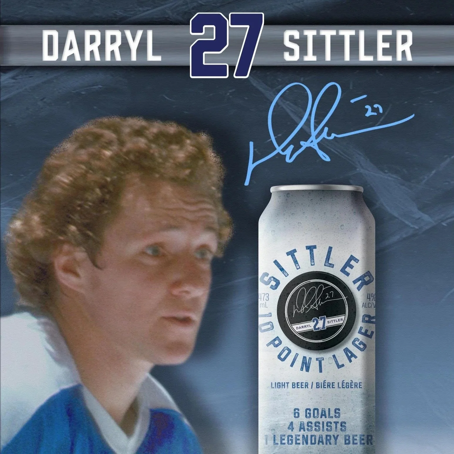A poster of Darryl Sittler, number 27, with an image of him in a hockey uniform on the left and a can of beer on the right. The beer can features his autograph, with details about his hockey achievements.