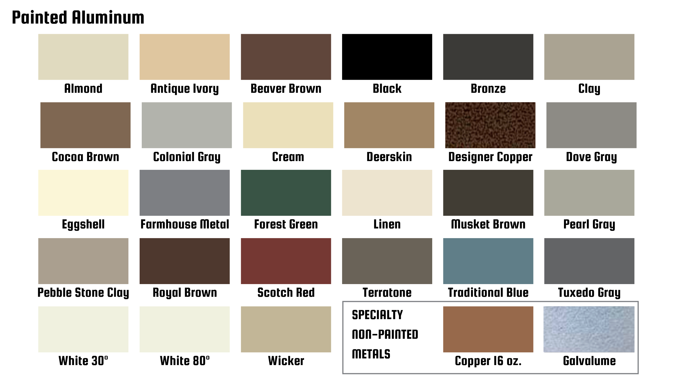 Chart of painted aluminum colors including Almond, Antique Ivory, Beaver Brown, Black, Bronze, Clay, Cocoa Brown, Colonial Gray, Cream, Deerskin, Designer Copper, Dove Gray, Eggshell, Farmhouse Metal, Forest Green, Linen, Muskett Brown, Pearl Gray, Pebble Stone Clay, Royal Brown, Scotch Red, Terratone, Traditional Blue, Tuxedo Gray, White 30°, White 80°, Wicker, Copper 16 oz., Galvalume, and a section noting specialty, non-painted metals.