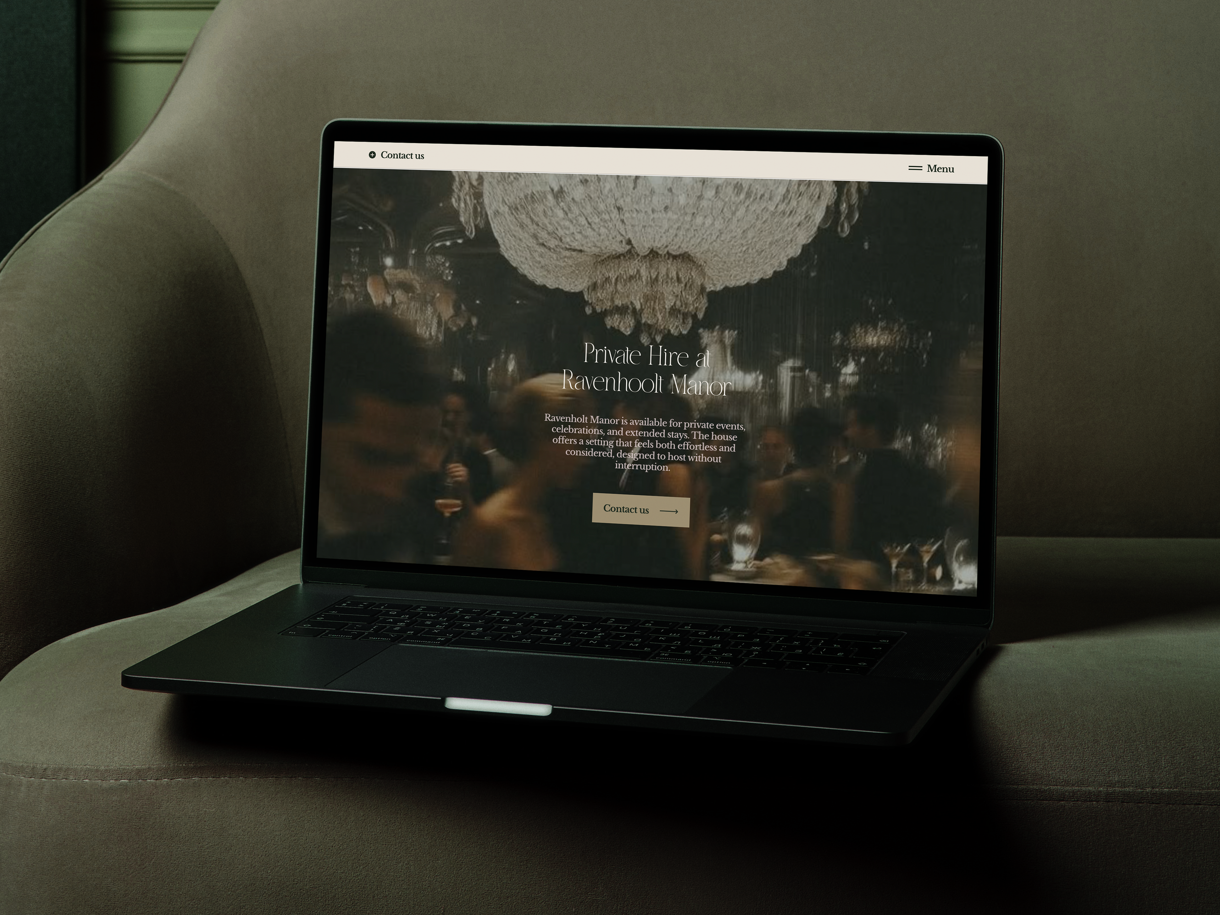 Ravenhoolt Manor website redesign by Gather Studio — private hire page laptop mockup on beige sofa