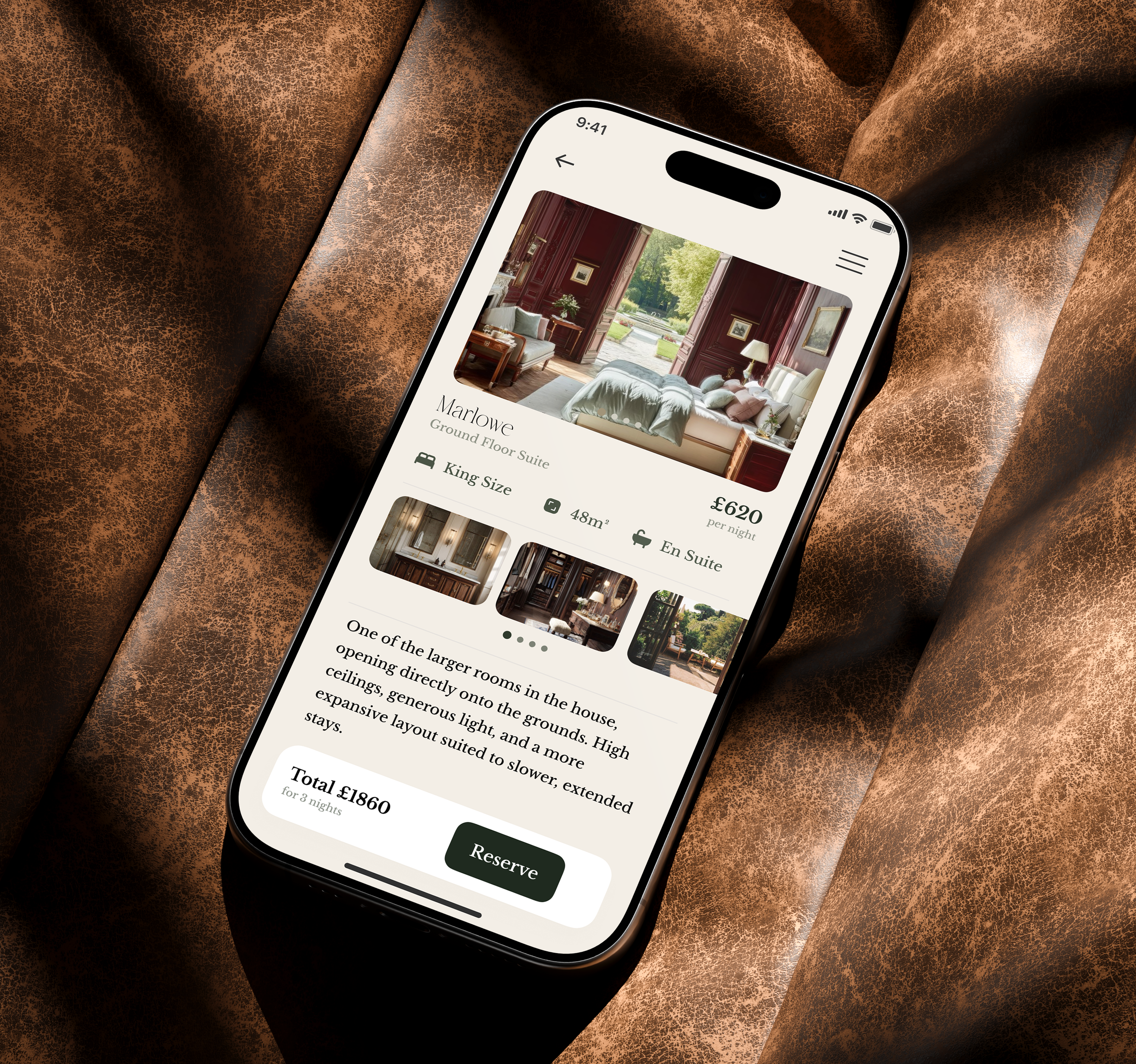 Ravenhoolt Manor website redesign by Gather Studio — hotel booking page smartphone mockup