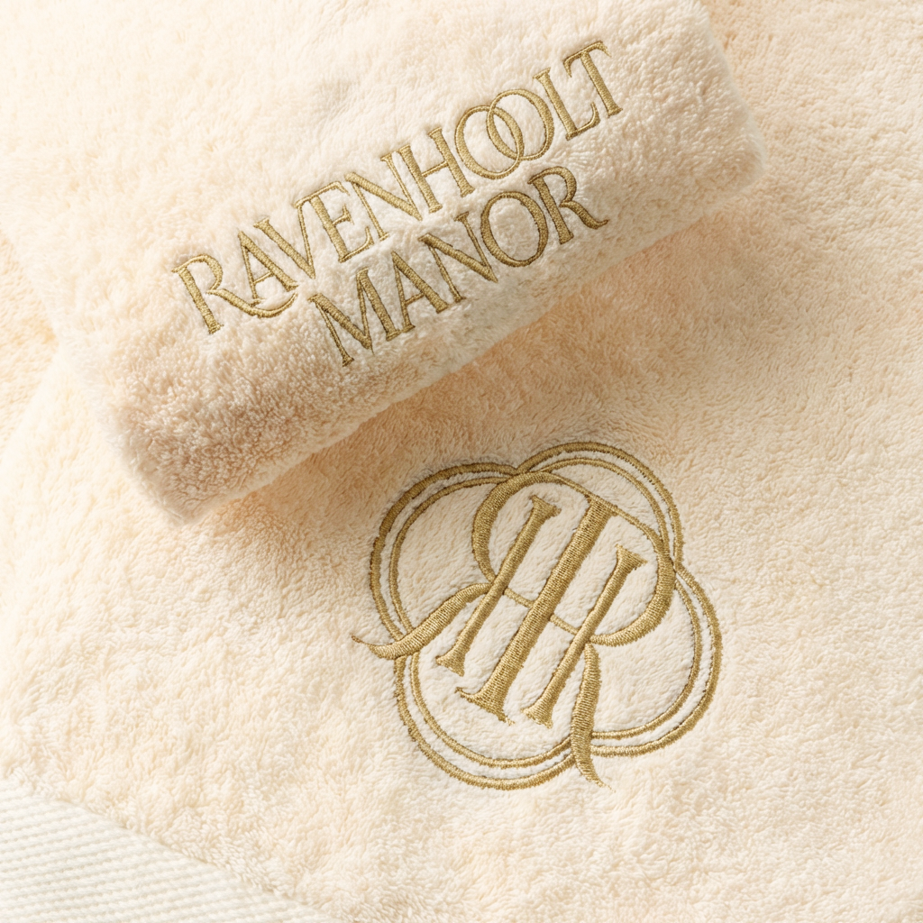 Ravenhoolt Manor website redesign by Gather Studio — branded towel with gold embroidered logo