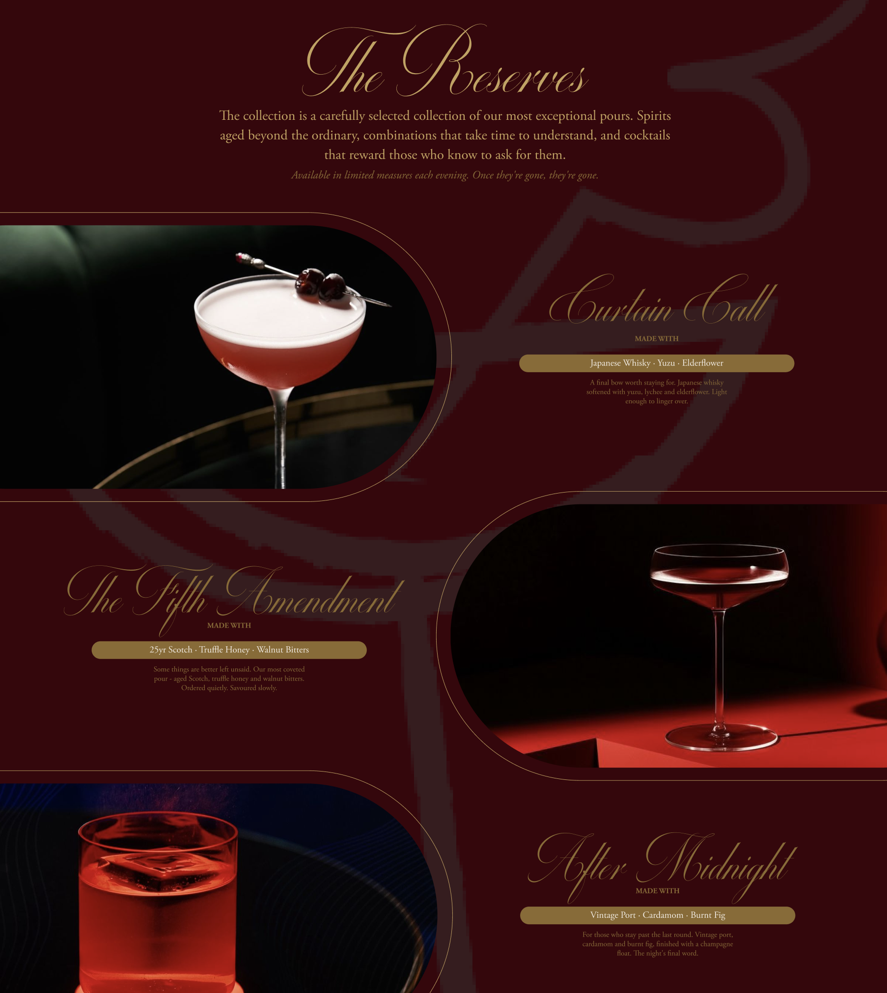 The Fifth cocktail bar website design by Gather Studio — cocktail recipes page with gold and dark background