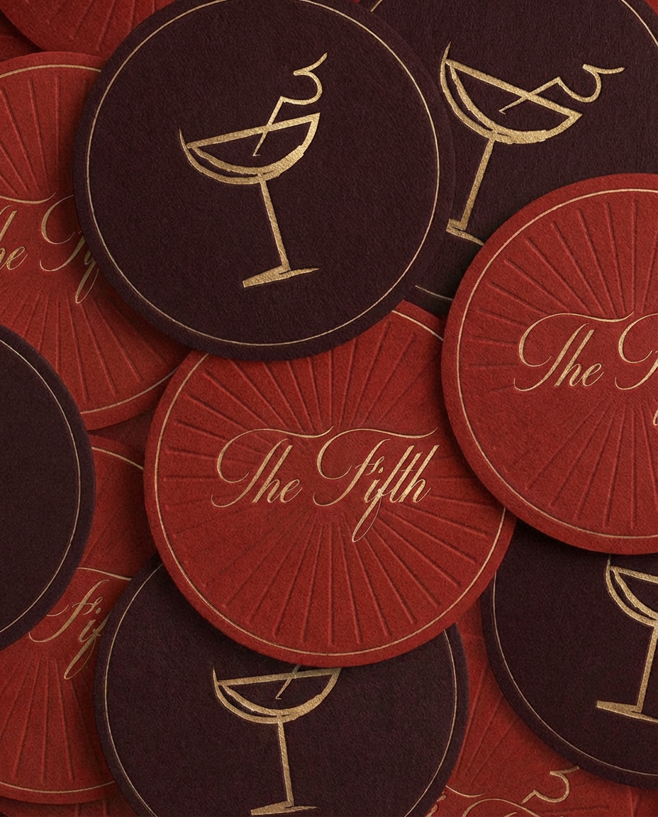 The Fifth cocktail bar brand identity by Gather Studio — branded coasters with gold script and cocktail glass icon