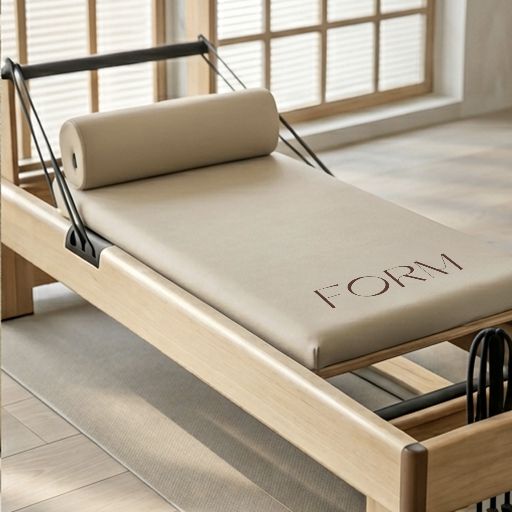 Form Pilates Studio brand identity by Gather Studio — branded massage table in natural light studio setting