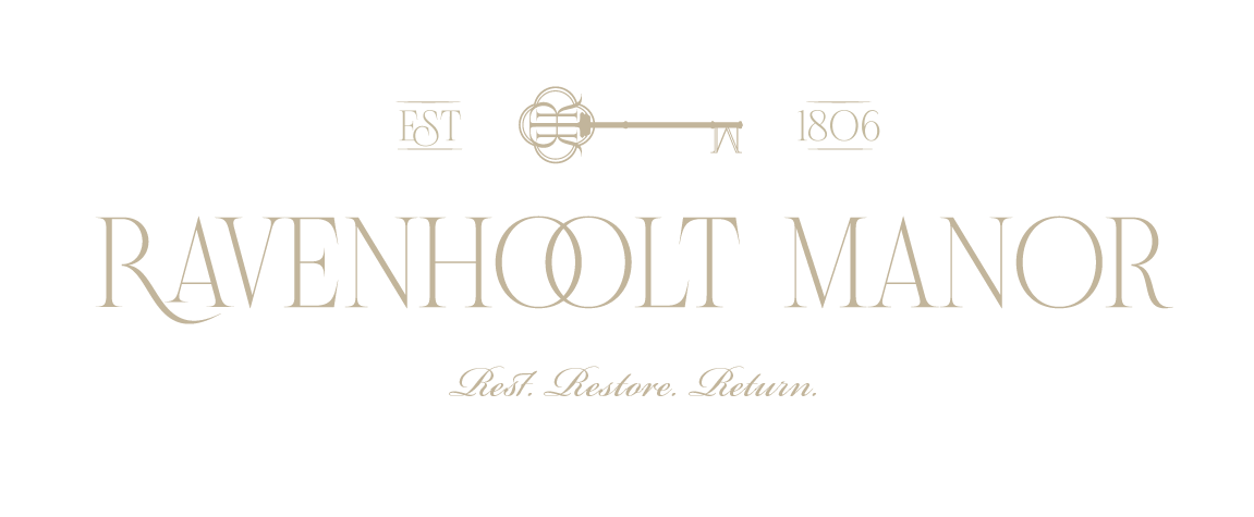 Ravenhoolt Manor logo design by Gather Studio — Est 1806, Rest. Restore. Return.