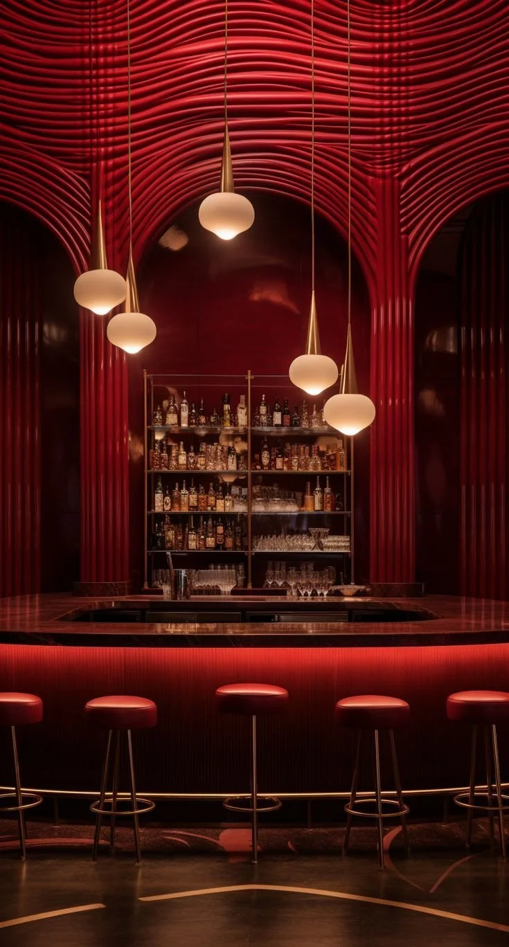 The Fifth cocktail bar brand identity by Gather Studio — styled bar interior with red design and pendant lighting