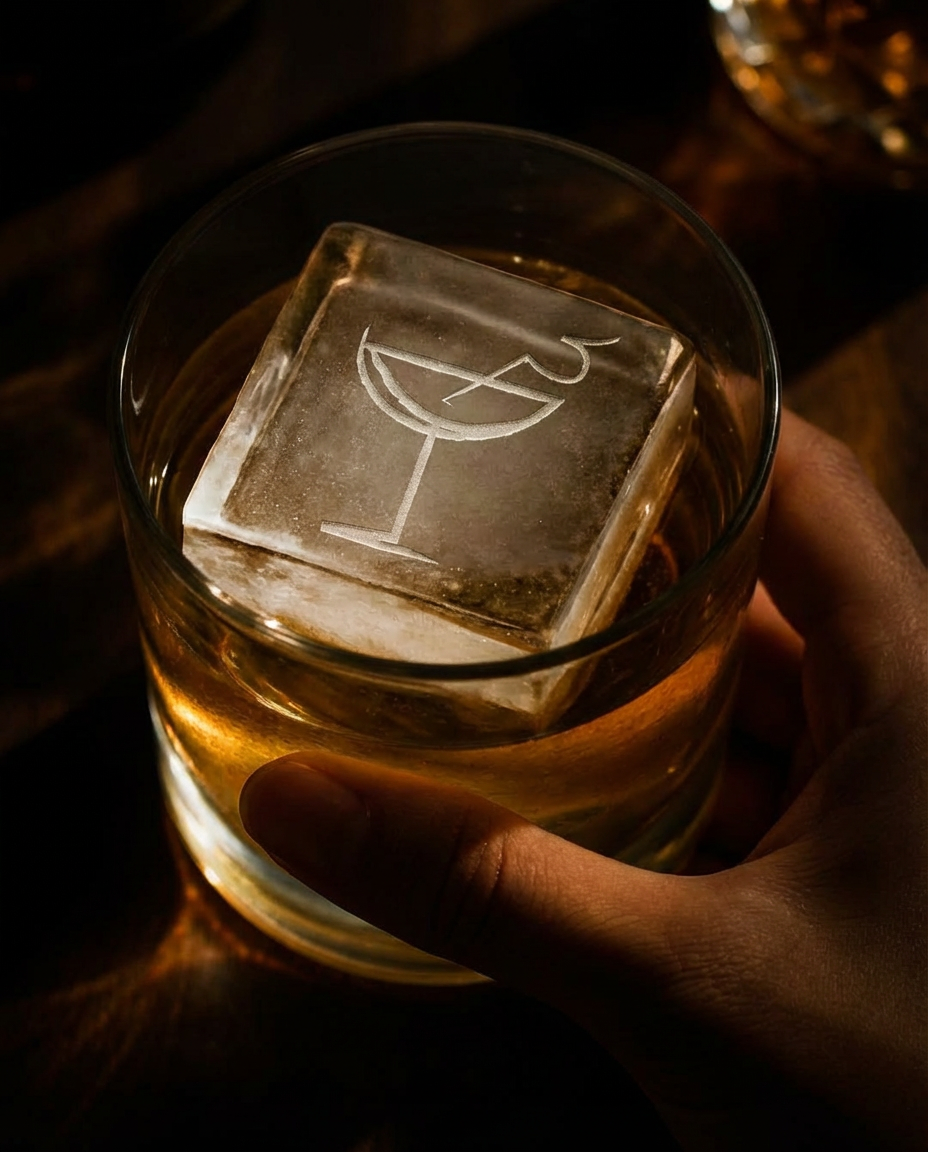 The Fifth cocktail bar brand identity by Gather Studio — branded glass ice cube with martini logo
