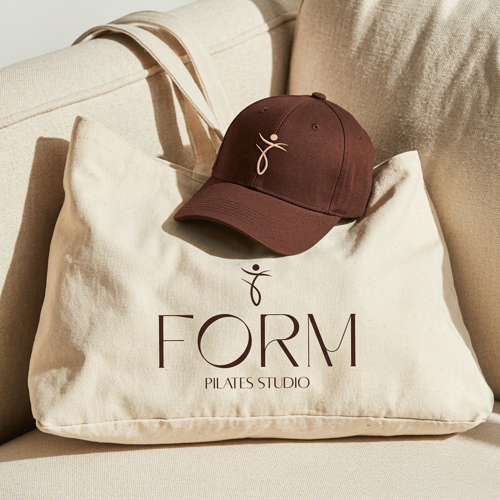 Form Pilates Studio brand identity by Gather Studio — branded tote bag and cap on beige couch