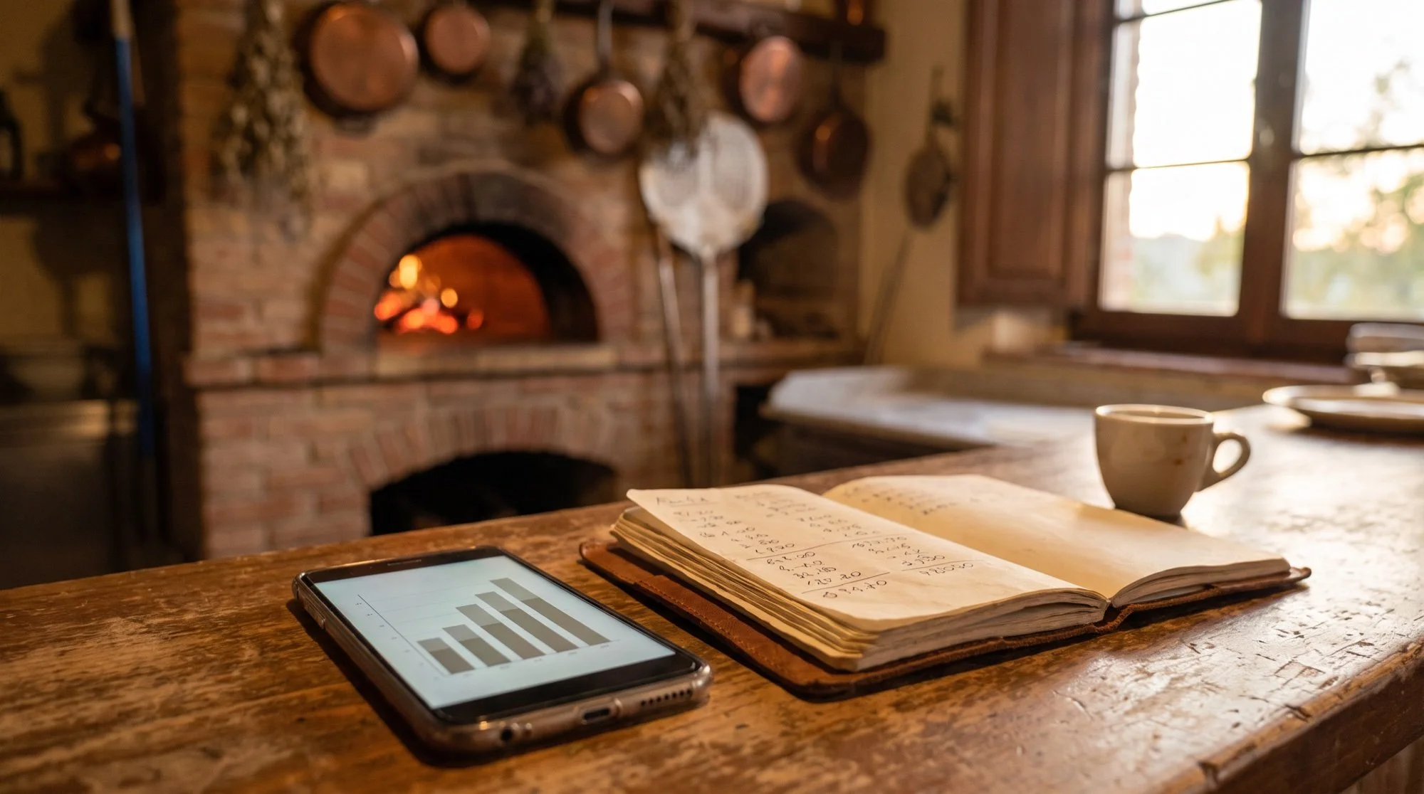 Bancone di una pizzeria toscana con smartphone e quaderno per calcolare il budget Meta Ads di un'attività locale