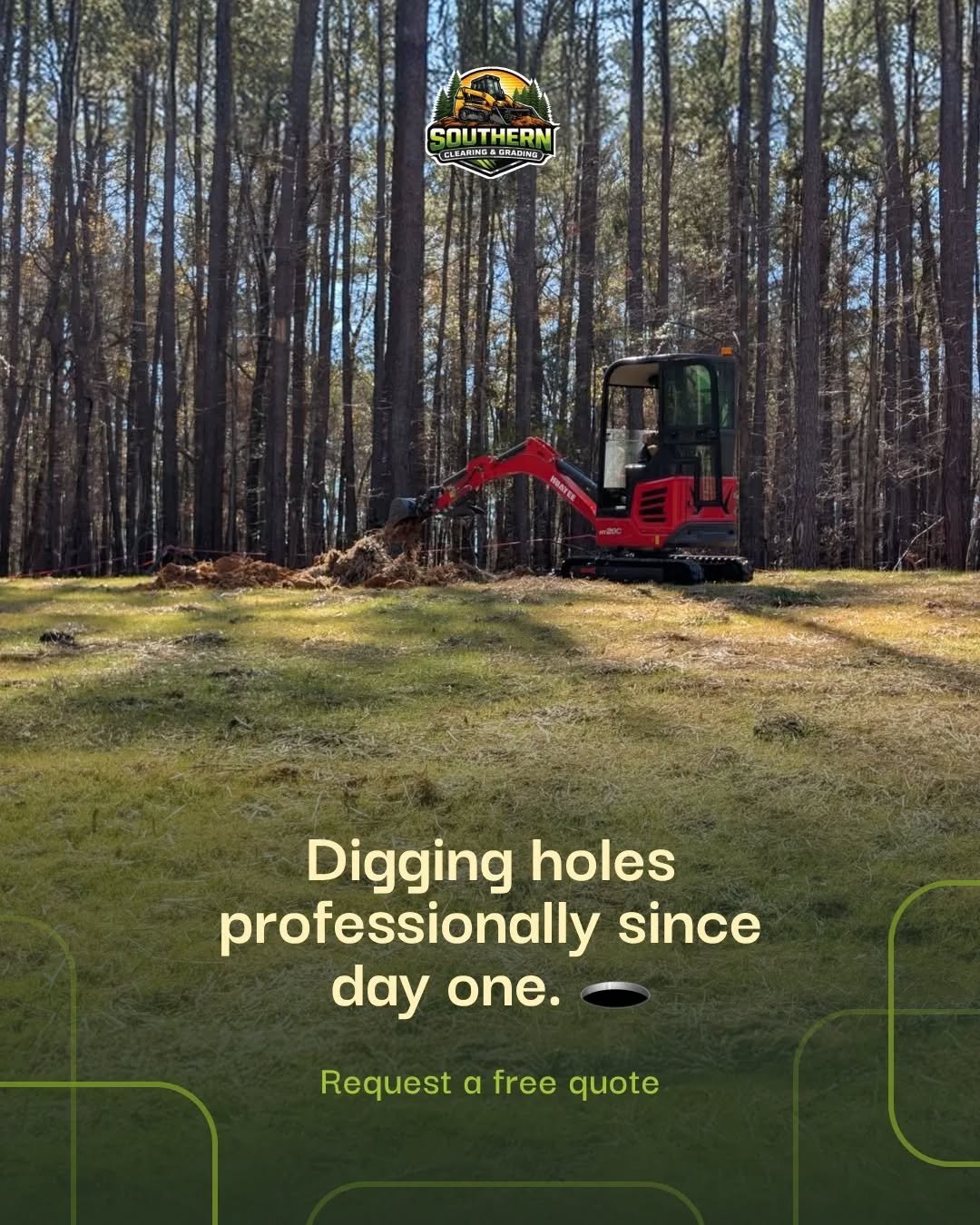 Most people dig holes by accident. We do it on purpose. Test holes are one of the first steps before any serious land project, and our mini excavator makes quick work of them.

Got something going on underground you need to figure out? Hit us up. Fre