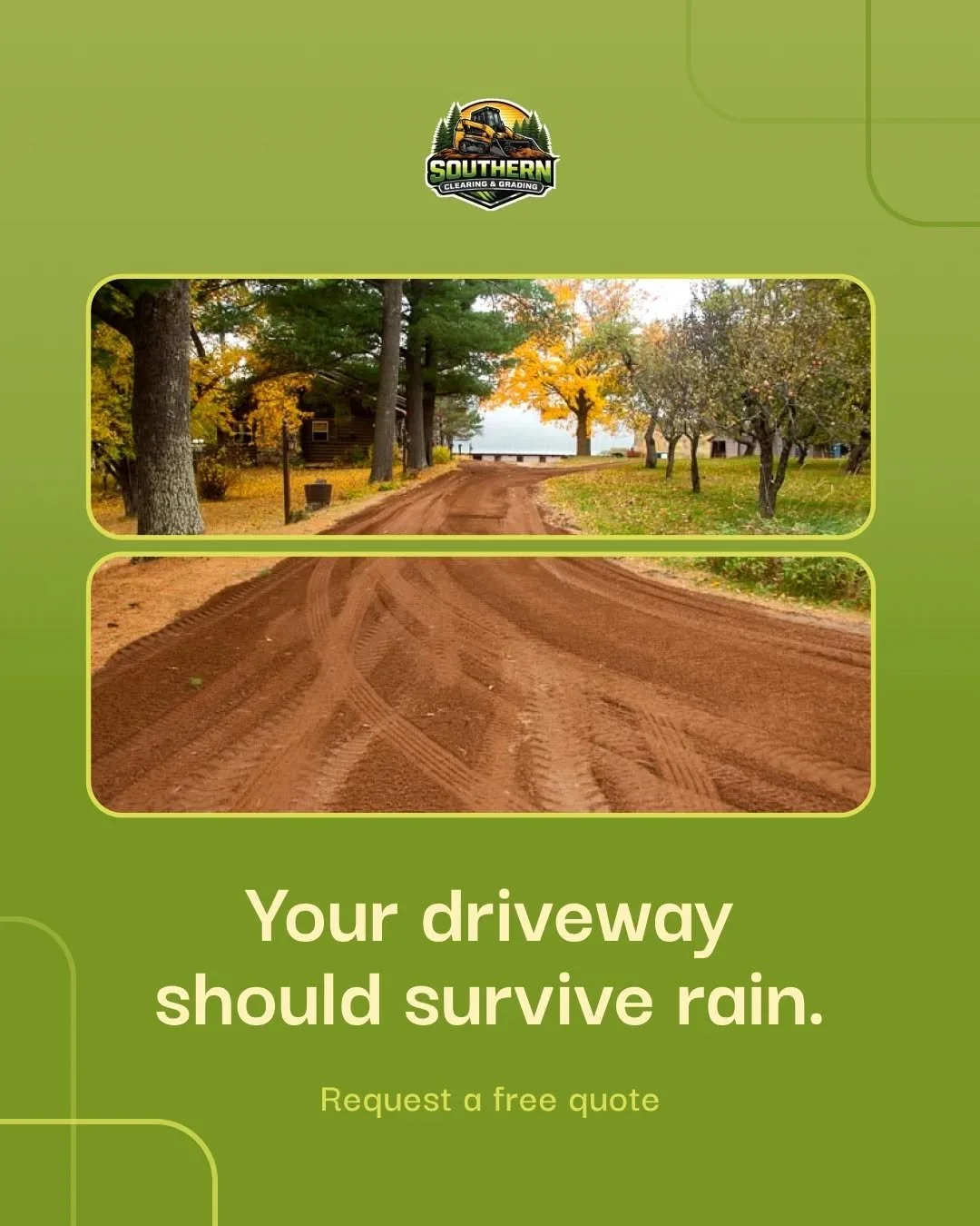 If every time it rains your driveway turns into a river, a mud pit, or a pothole obstacle course... we need to talk.

We grade driveways so the water goes where it's supposed to go. Which is not through your garage. 😄

📞 Free estimate &rarr; DM us 
