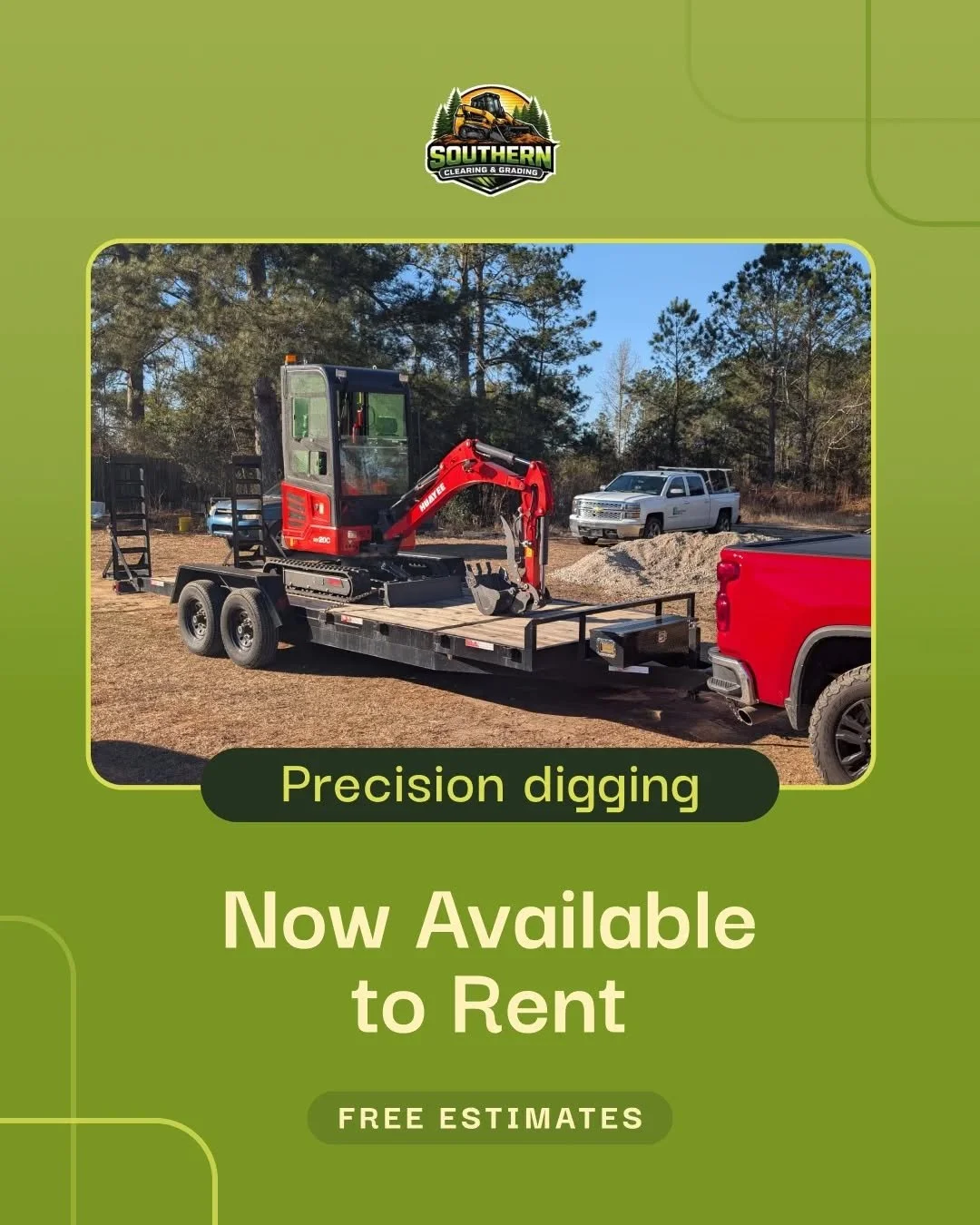 Our mini excavator is available to rent across the Augusta area.

Compact enough for tight spaces, powerful enough for serious work &mdash; test holes, trenching, foundation prep, drainage, and more.

Ideal for contractors, builders, and property own