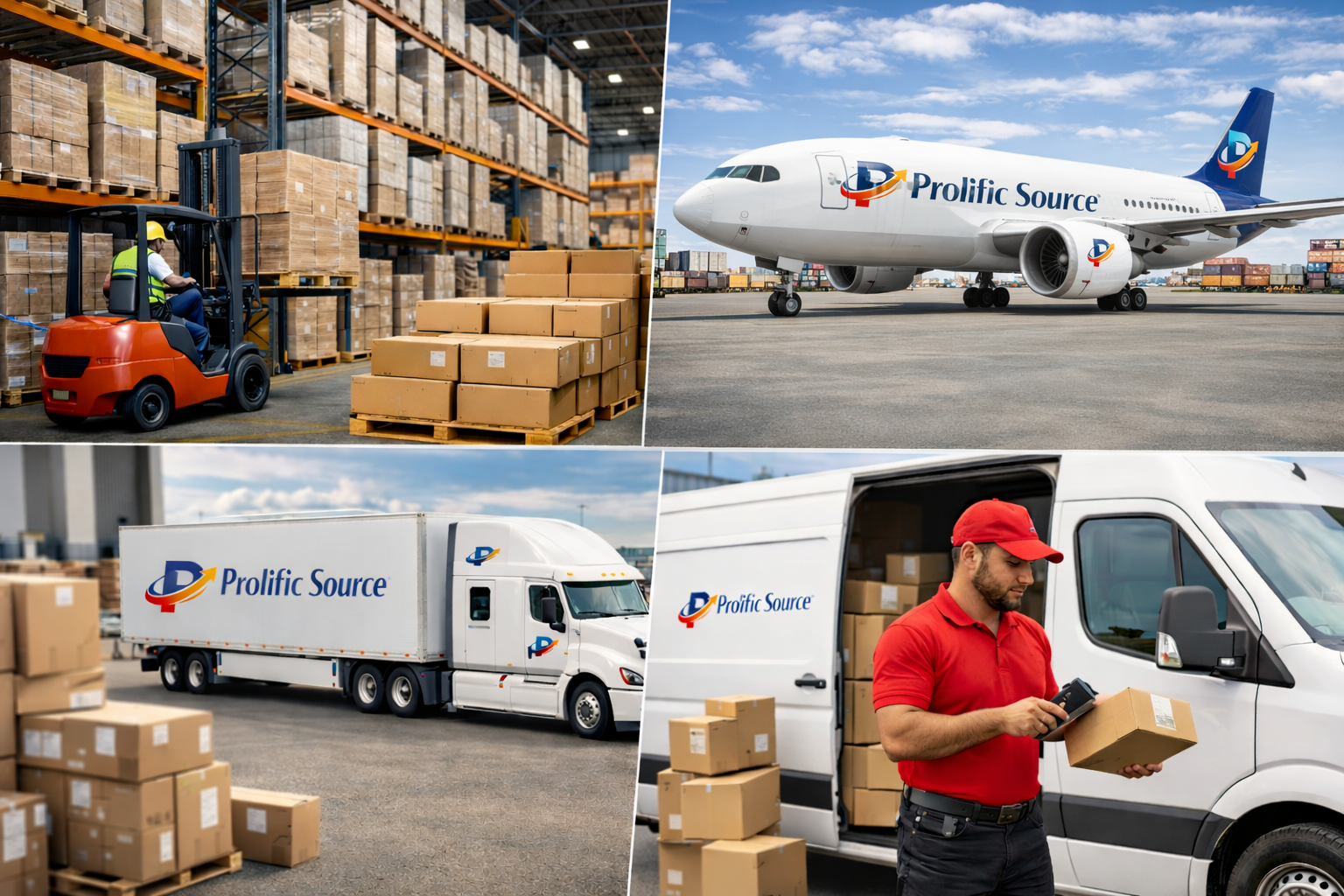 A collage of four images showing logistics and transportation operations. The top left image depicts a worker operating a forklift in a warehouse stacking boxes. The top right image features a Prolific Source airplane on the tarmac. The bottom left image shows a large white delivery truck with the Prolific Source logo parked outdoors. The bottom right image displays a delivery person in a red uniform checking a package next to a white delivery van.