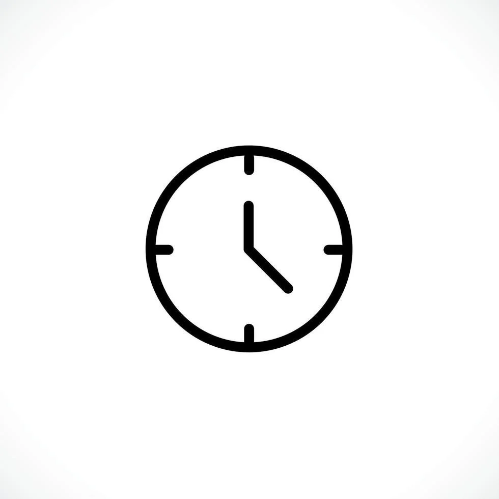 A simple black and white clock showing the time as 3:00.