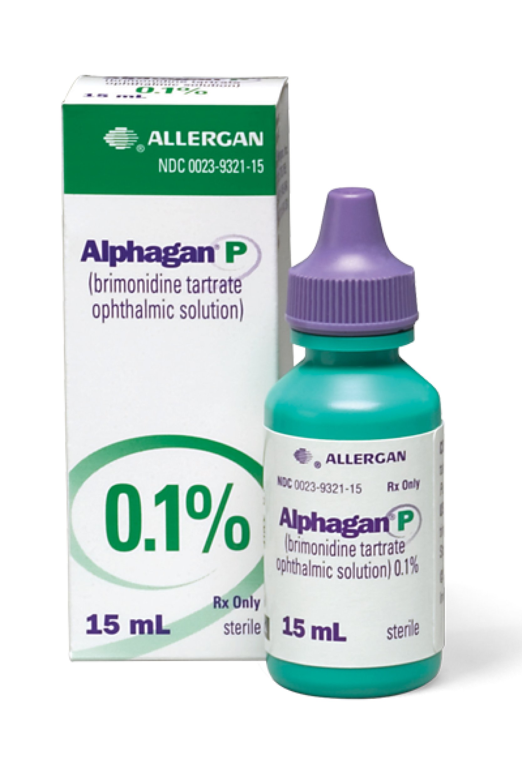 A box and bottle of Alphagan P eye drops with a purple cap, containing 0.1% brimonidine tartrate solution for glaucoma, with a label showing 15 mL volume.