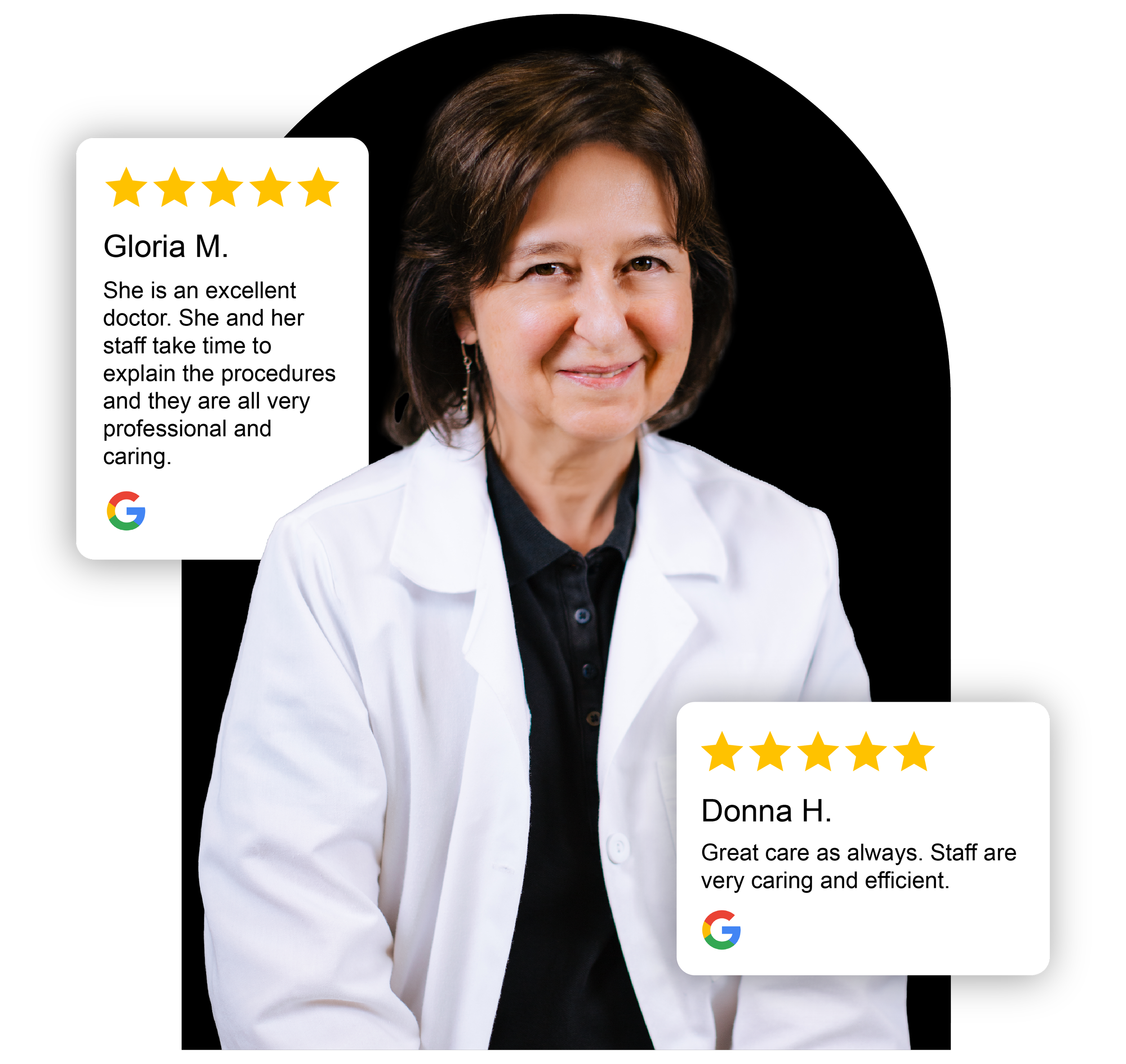 A headshot of Dr. Dobler-Dixon with two 5-star Google reviews