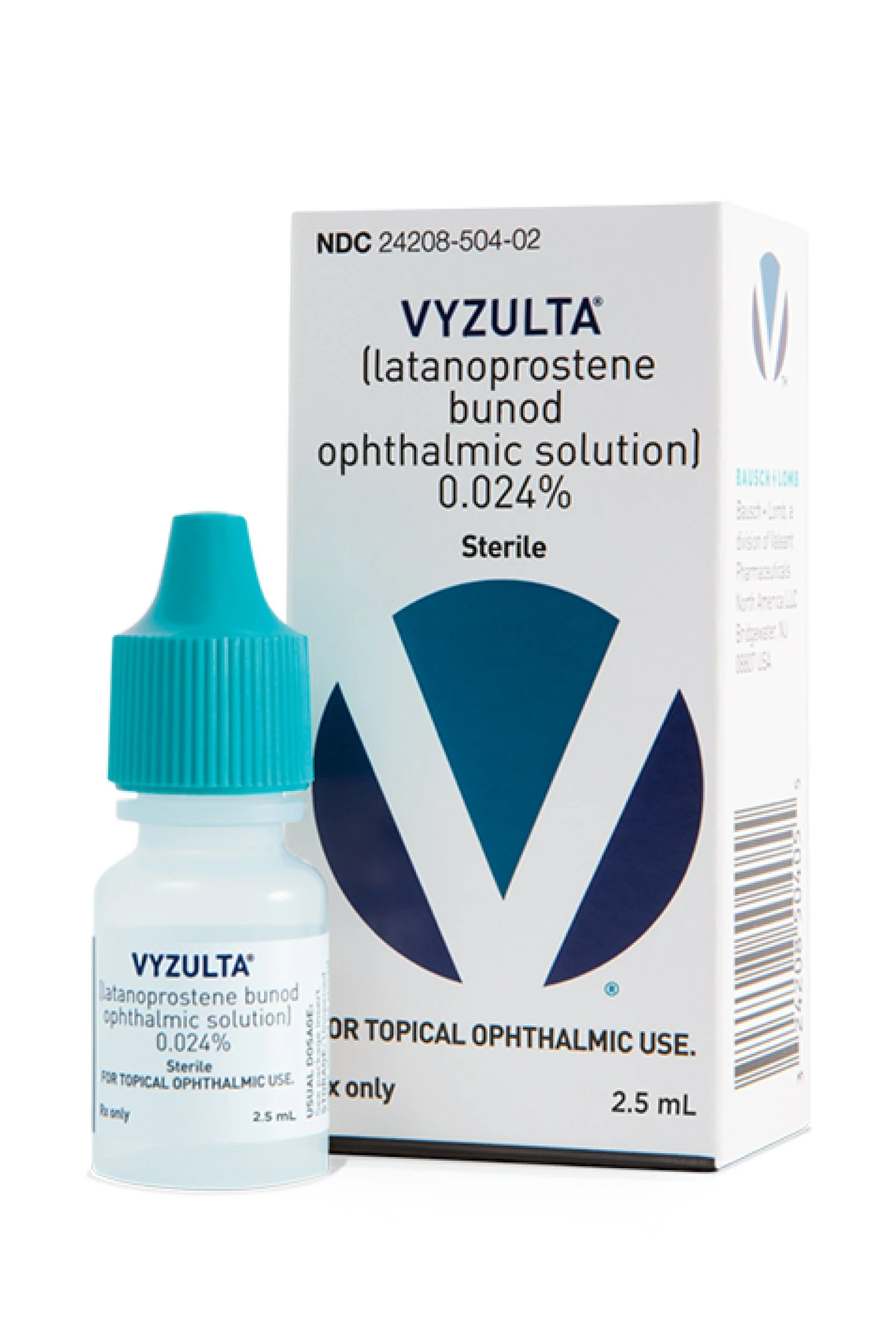 A box and bottle of VyZulta ophthalmic solution, a sterile eye medication, with the bottle in front of the box. The bottle has a blue cap and label with product information. The box displays the product name, concentration, and usage instructions.