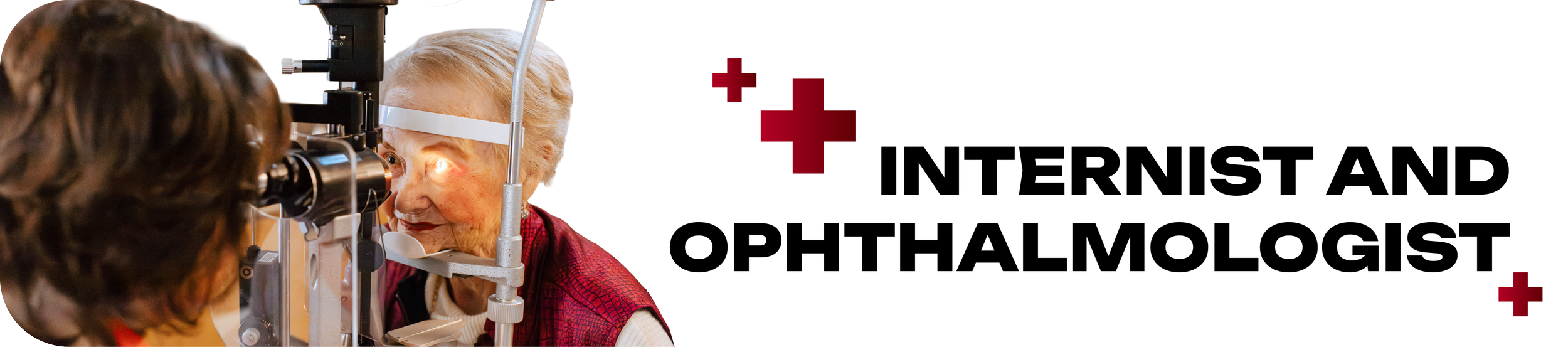 A graphic with "internist and ophthalmologist" written next to Dr. Dobler-Dixon inspecting the pupil of a patient