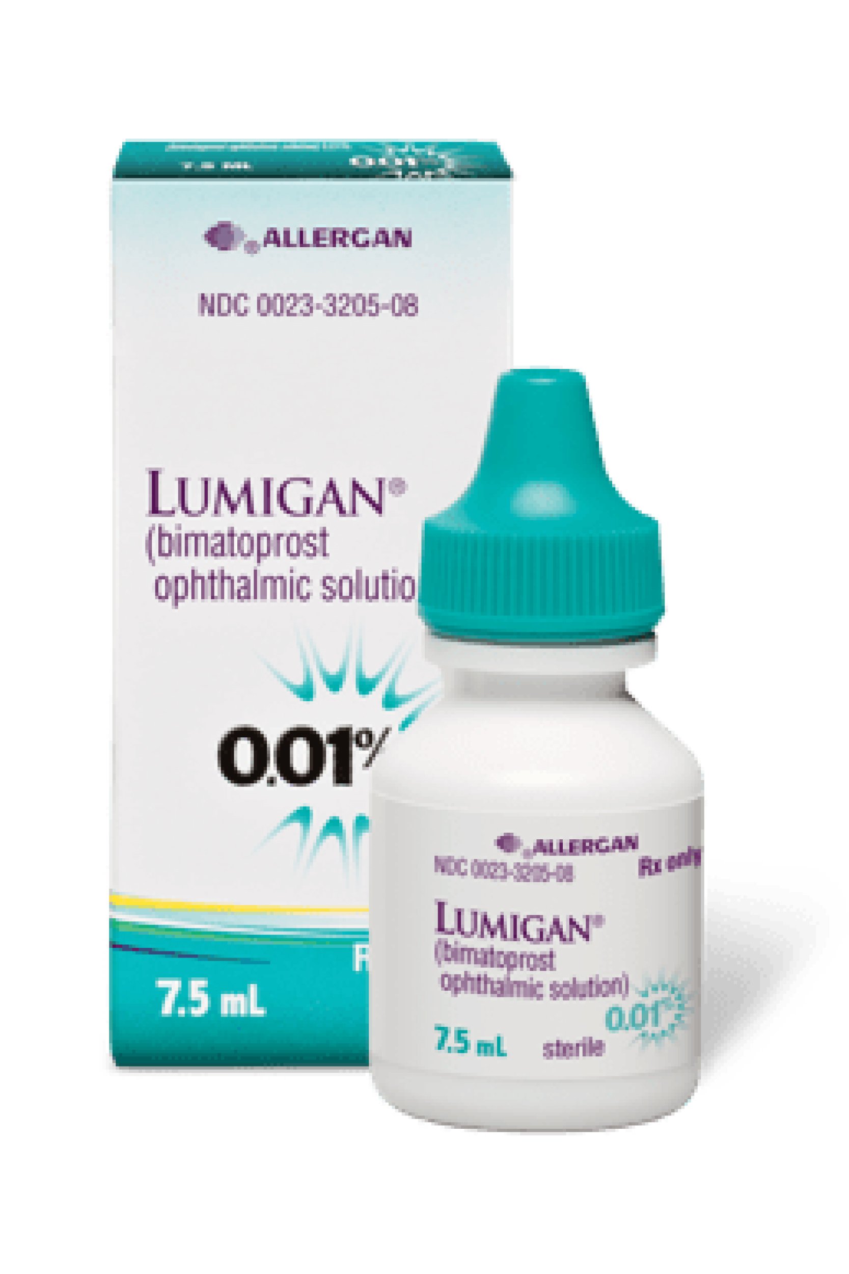 A small white bottle and box of Lumigan eye drops with blue cap, labeled as 0.01% ophthalmic solution, 7.5 mL.