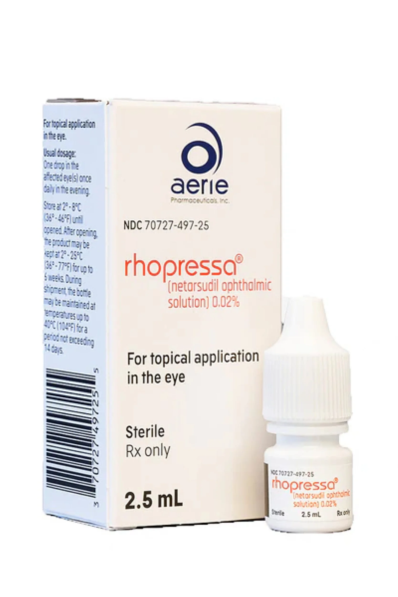 Box and bottle of Hopressa (netarsudil ophthalmic solution) 0.02%, used for topical application in the eye, with the box displaying brand and dosage information.