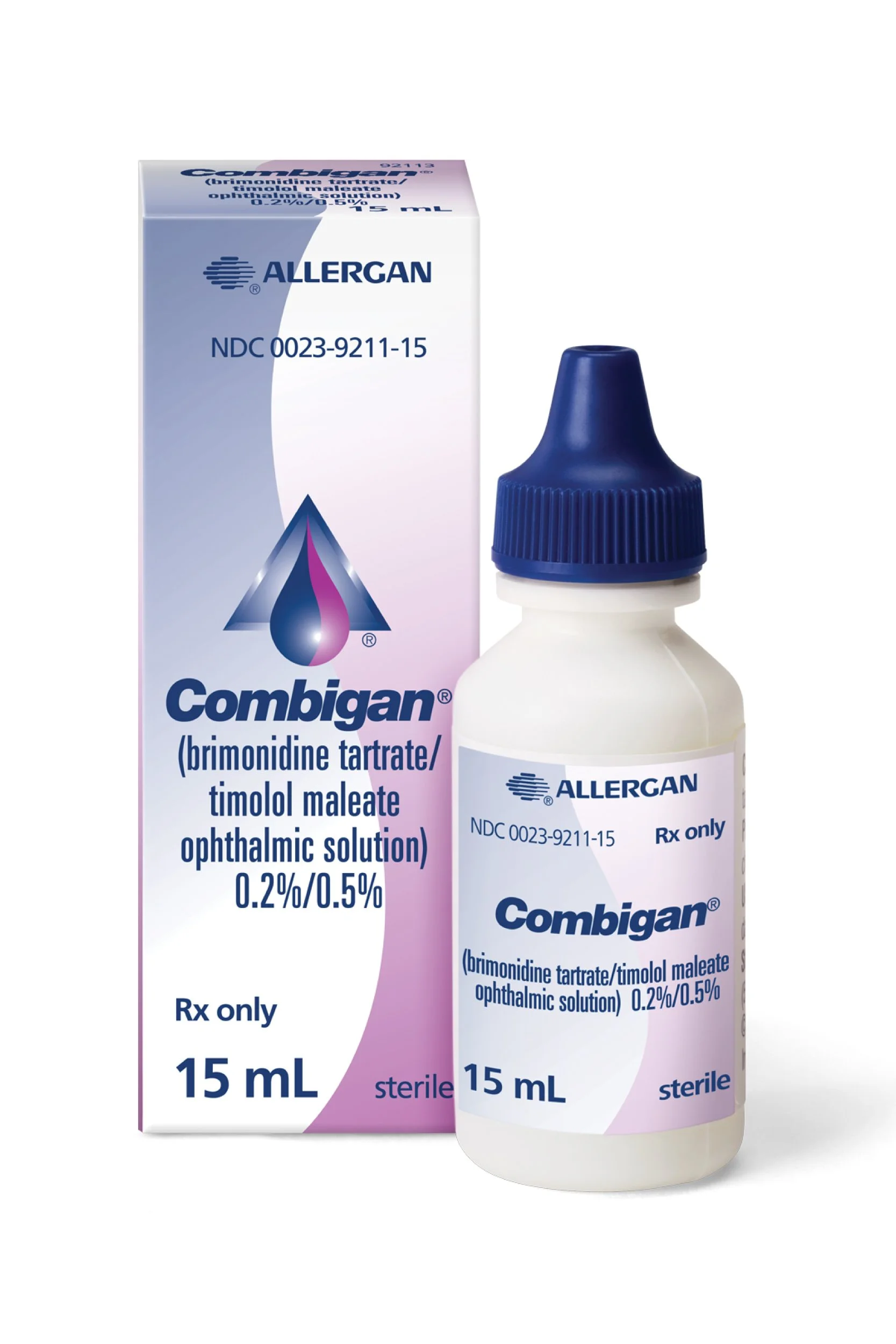 A medicine bottle and box of Combigam eye drops, 15 ml, with blue and white packaging. The box and bottle are labeled for allergy treatment.