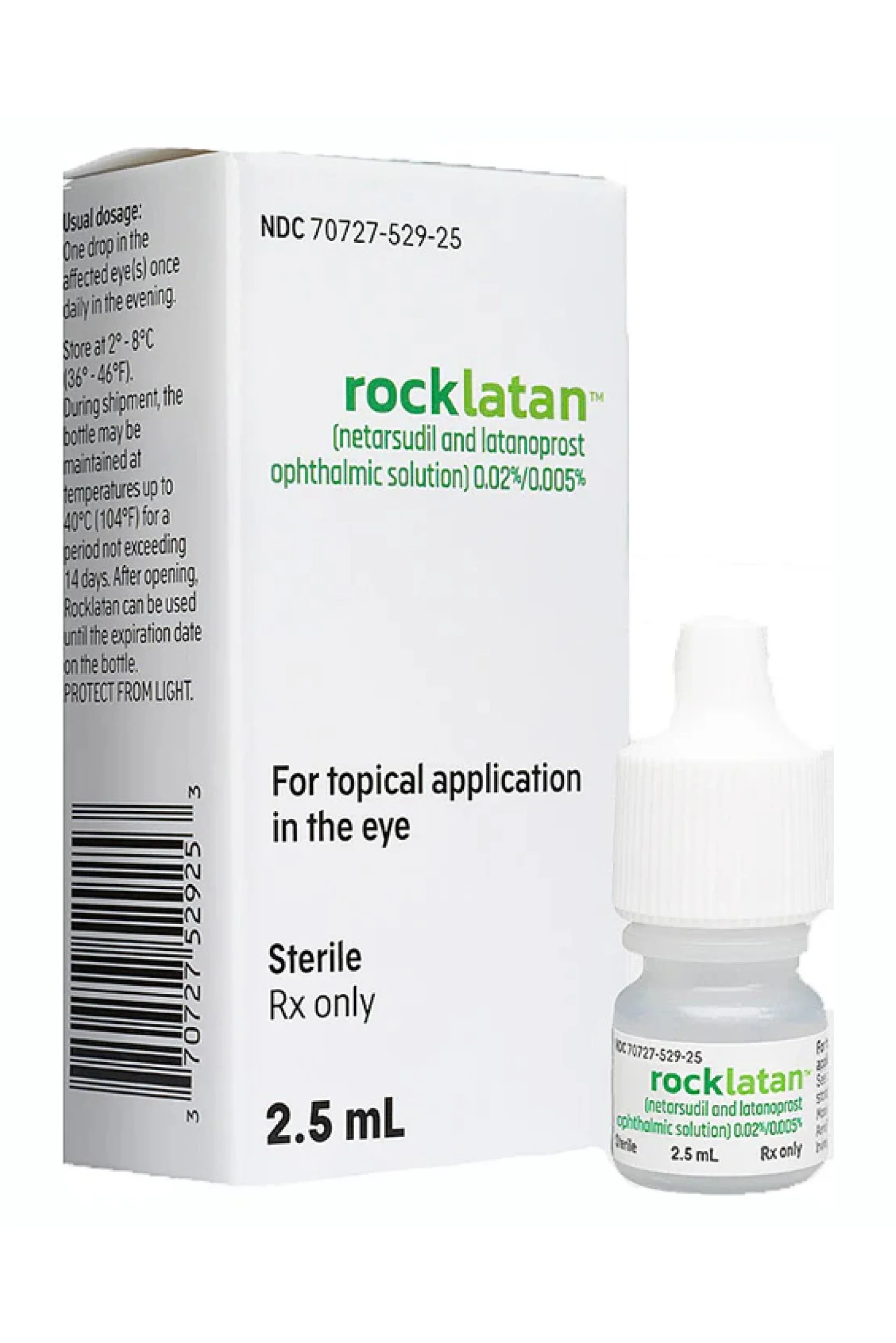 A box and a small bottle of Rocklatan eye medication, labeled for topical use in the eye, with instructions and dosage information visible.