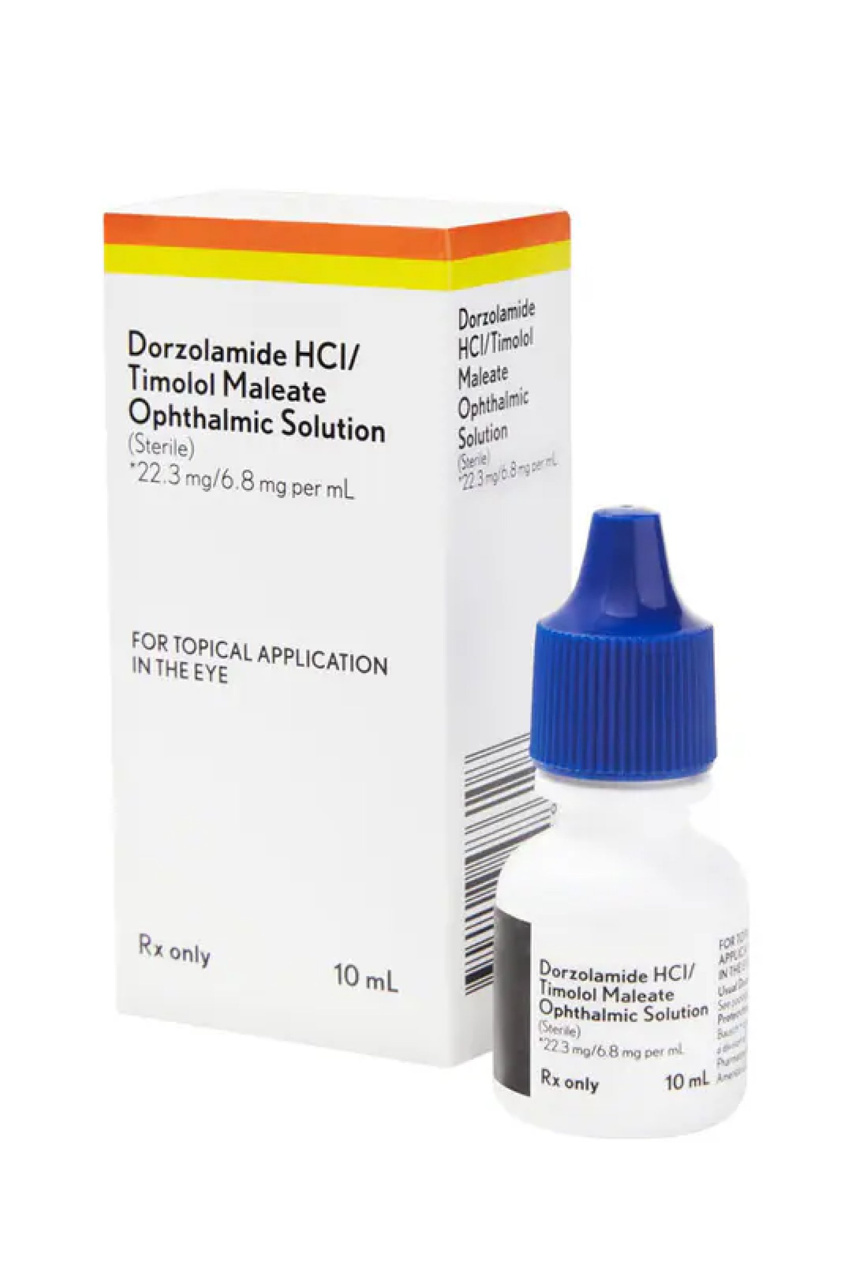 A box and bottle of Dorzolamide HCl/Timolol Maleate Ophthalmic Solution for eye use, with a blue cap on the bottle.