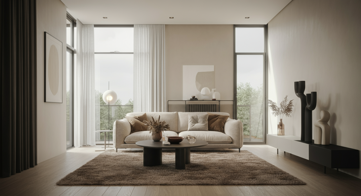 Modern living room with beige sofa, round coffee table, abstract art on wall, decorative vases, and large windows with white curtains allowing natural light.