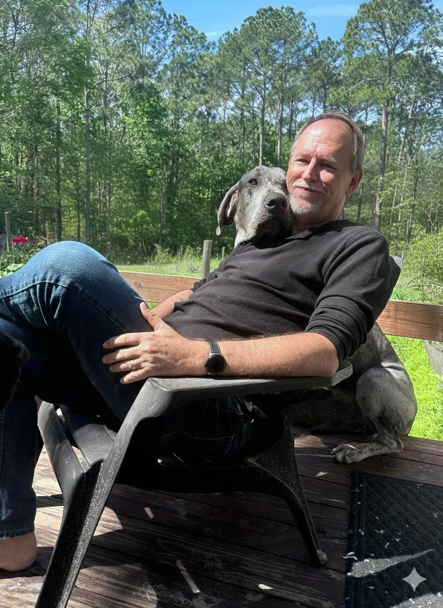 A man sitting outdoors on a wooden deck with a Great Dane dog resting its head on his shoulder. The man has short gray hair, a beard, and is wearing a black long sleeve shirt, jeans, and a smartwatch. The background features lush green trees and a clear blue sky.