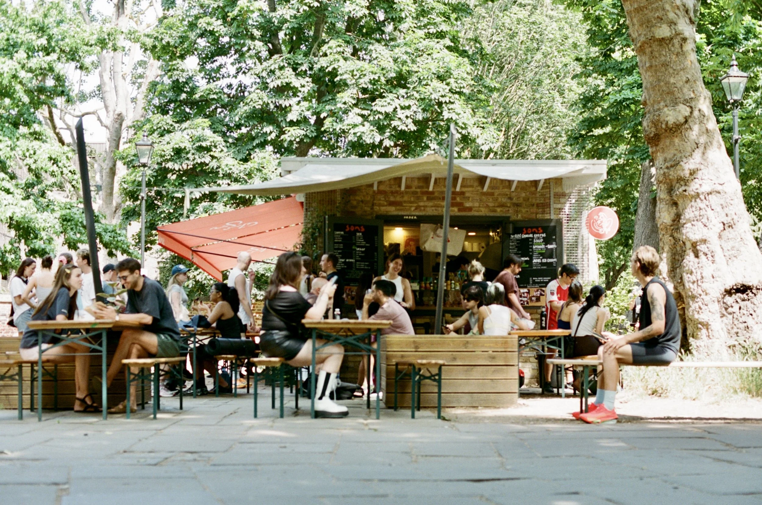 A busy outdoor cafe or food stand surrounded by large green trees with many people sitting and standing, enjoying food and drinks on a sunny day.