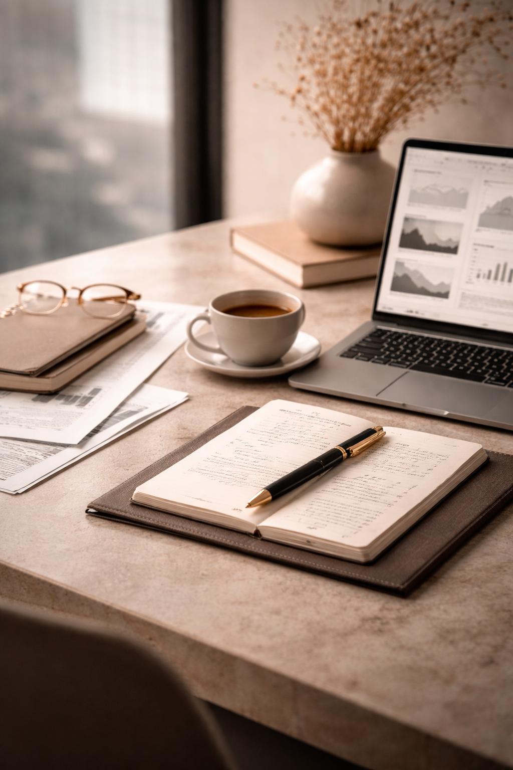 Mesa de trabalho com laptop, caderno aberto, caneta, chá, óculos, livros, gráficos e plantas ao fundo.