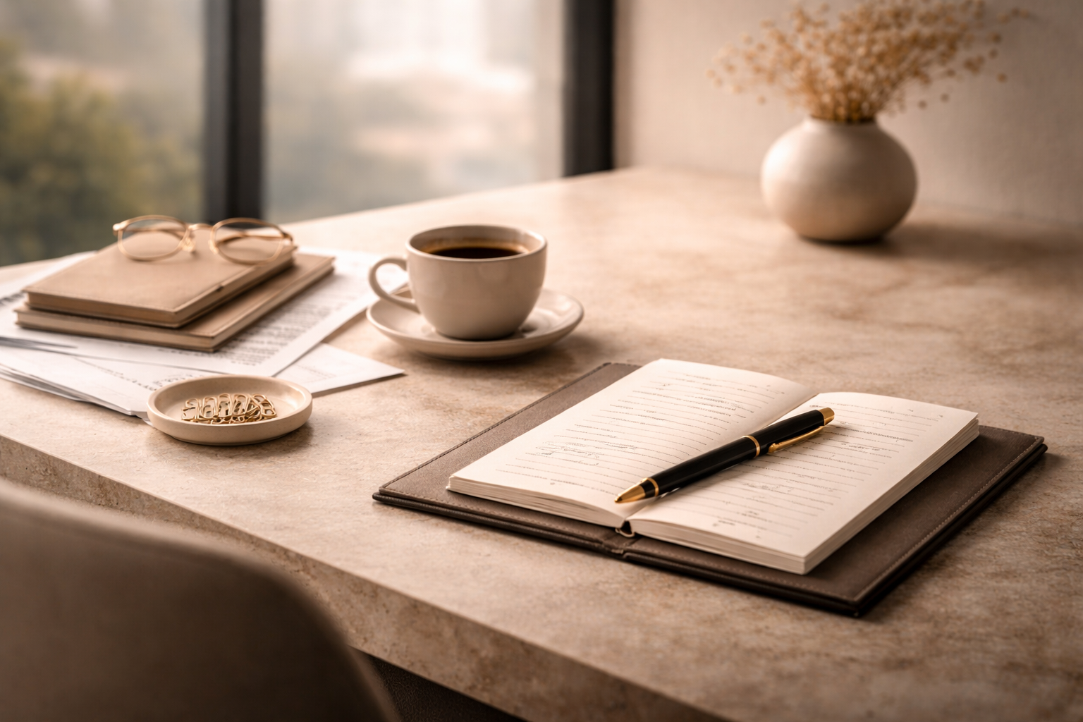 Mesa de trabalho com caderno aberto, caneta, xícara de café, blocos de notas, óculos, prato com clipes e uma parede com uma janela ao fundo.