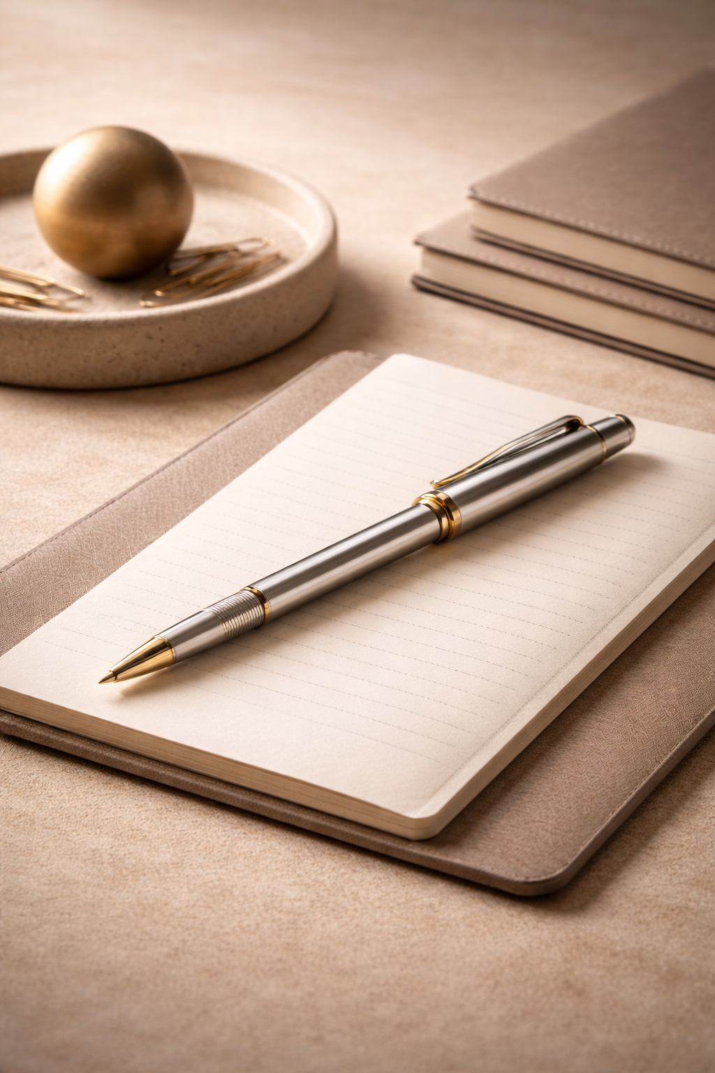 Uma agenda aberta com uma caneta prateada e dourada apoiada sobre ela, ao lado de várias pilhas de blocos de notas cinzas, uma tigela com várias presilhas douradas e uma bola dourada em um ambiente bem iluminado.