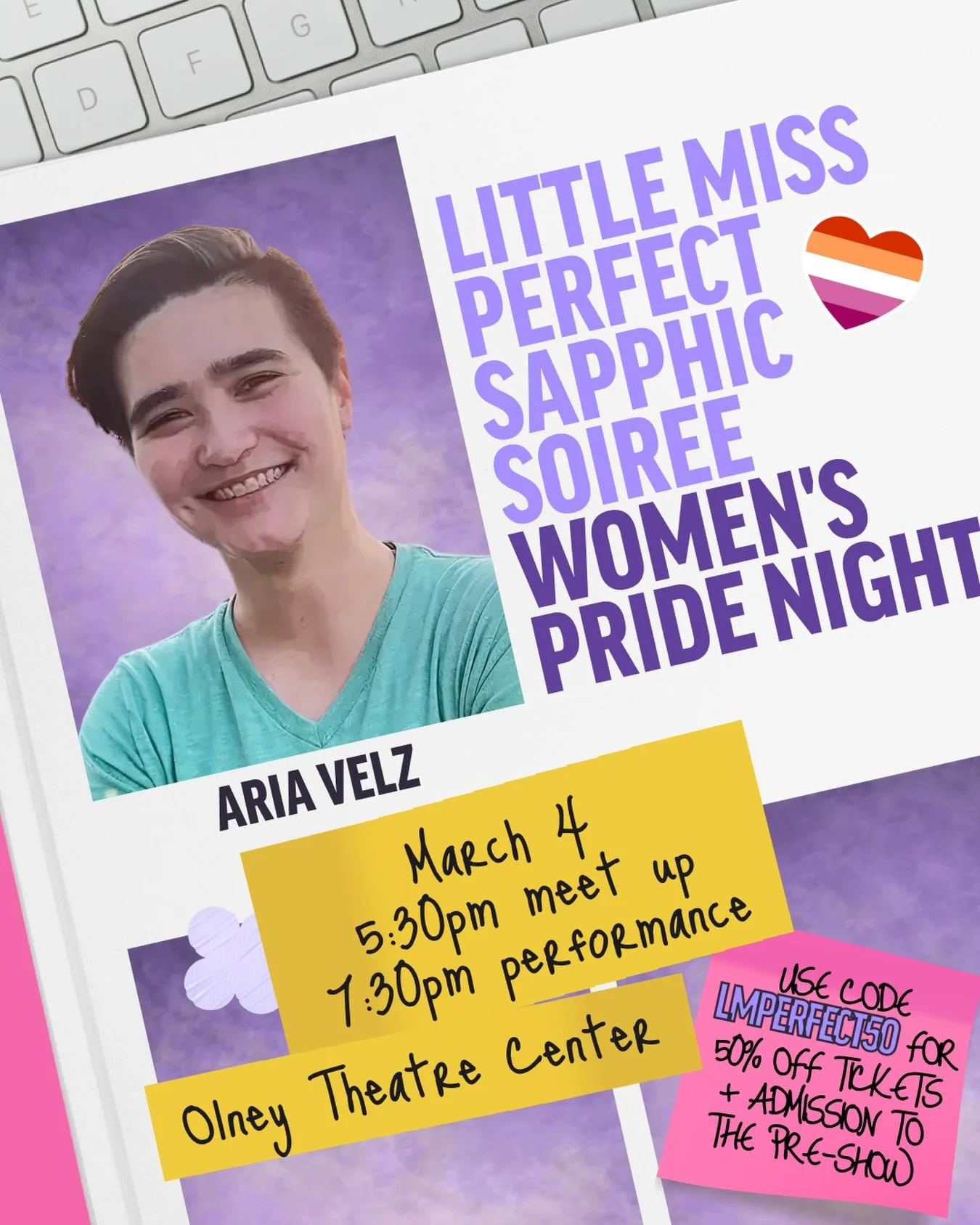 Join us on March 4th for a pre-show meet up event with&nbsp;Little Miss Perfect&nbsp;Associate Director and&nbsp;internet lesbian media critic&nbsp;Aria Velz! Click the link in our to purchase a ticket to the March 4, 7:30 performance and use code&nb