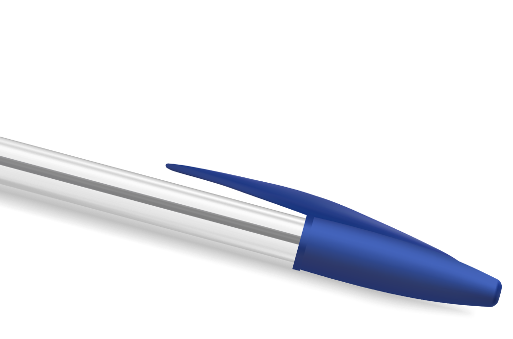Close-up of a ballpoint pen with a silver body and blue cap.