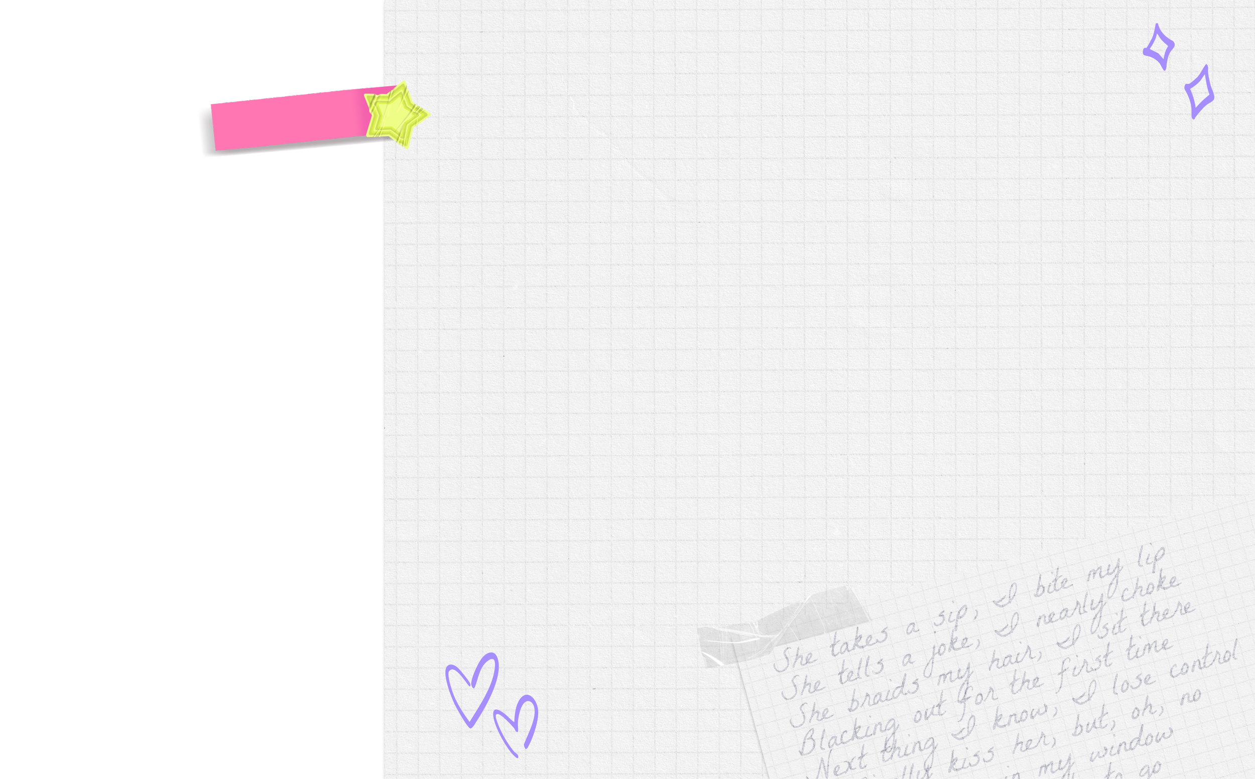 Decorative digital paper with pink, yellow, purple, and black accents, including hearts, stars, and handwritten text in the lower right corner.