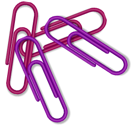 Multiple purple and pink paper clips on a black background