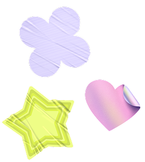 Four colorful 3D shapes: a purple cloud, a pastel rainbow-colored heart, a yellow star-shaped object, and a blue circle with a wavy pattern.