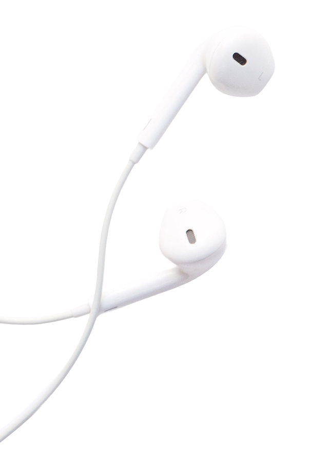 Close-up of white EarPods earphones with fabric-covered cords resting on a flat surface.
