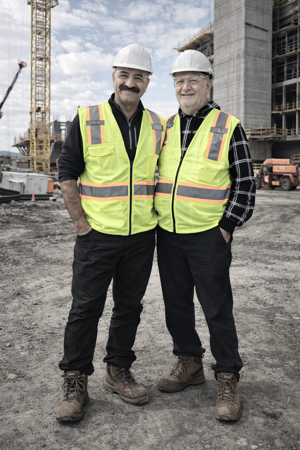 Two construction workers wearing safety vests and hard hats standing on a construction site with a building under construction and cranes in the background.