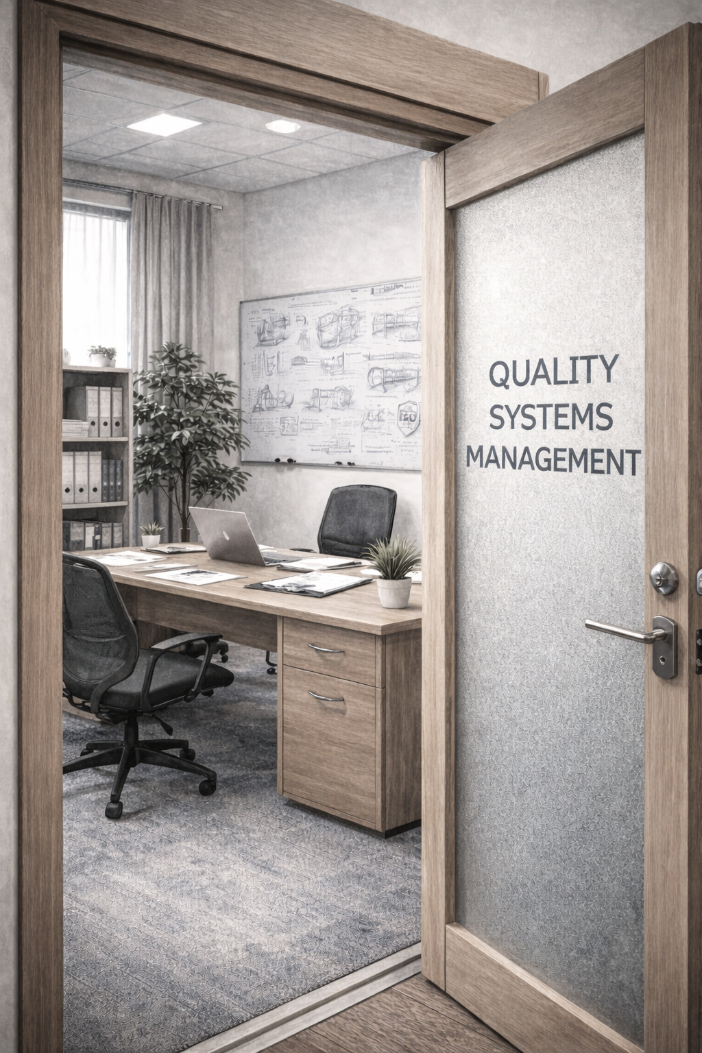 An office conference room with a wooden door labeled 'Quality Systems Management', a desk with chairs, an open laptop, file folders, plants, a bookshelf, a whiteboard, and a window with curtains.